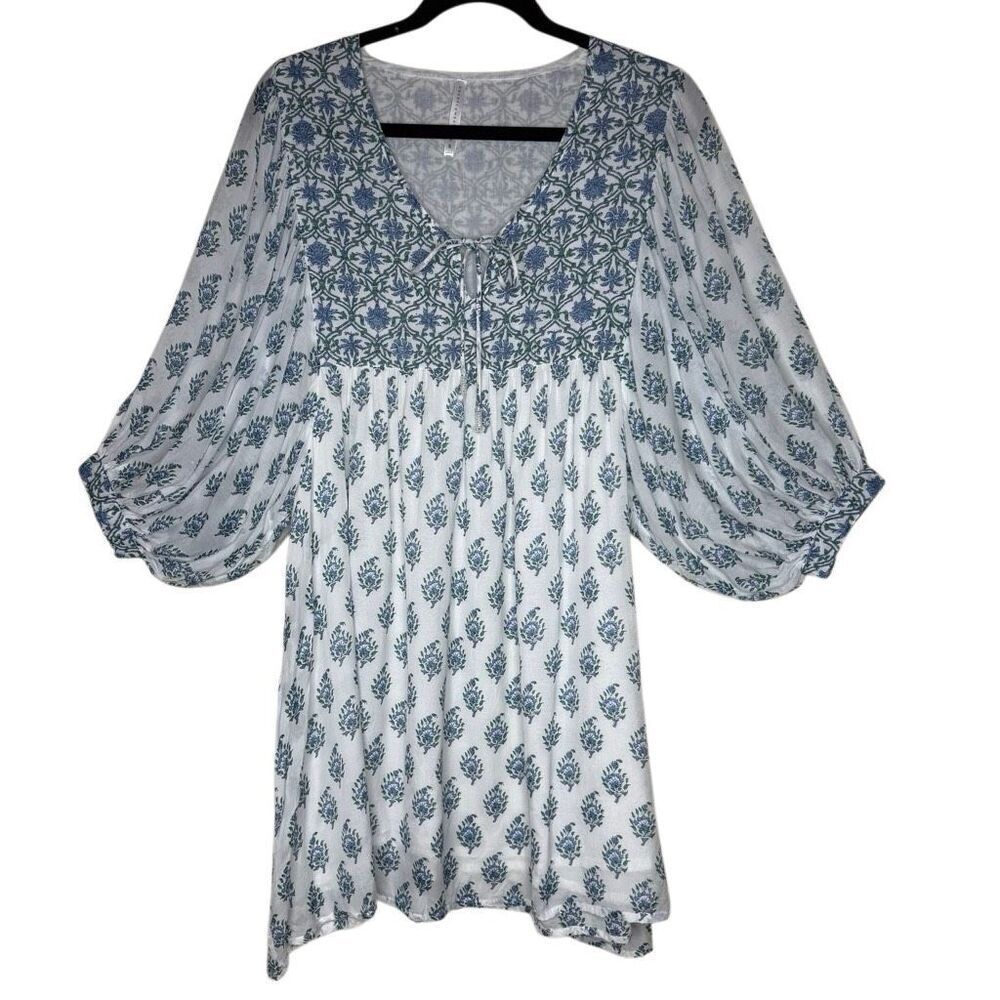 RockFlowerPaper Babydoll Dress Blue & White Bishop Sleeve Size S Boho, Cottageco